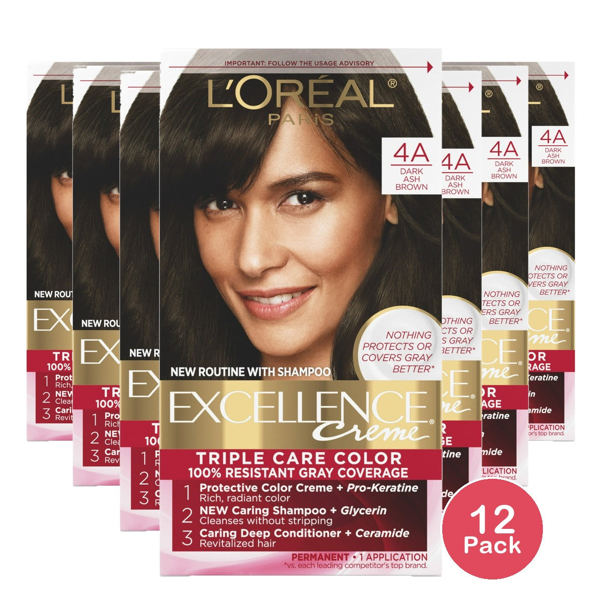 L'Oreal Paris Excellence Non-Drip Creme - 4A Dark Ash Brown - 1 Kit - 6.3 fl OZ (Pack of 12)