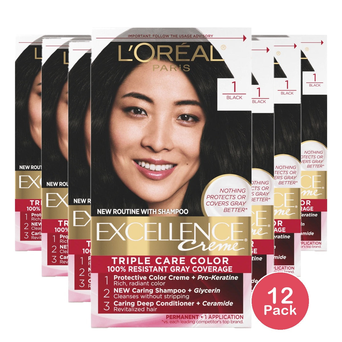 L'Oreal Paris Excellence Triple Protection Permanent Color 1 Black 6.3 fl OZ (Pack of 12)