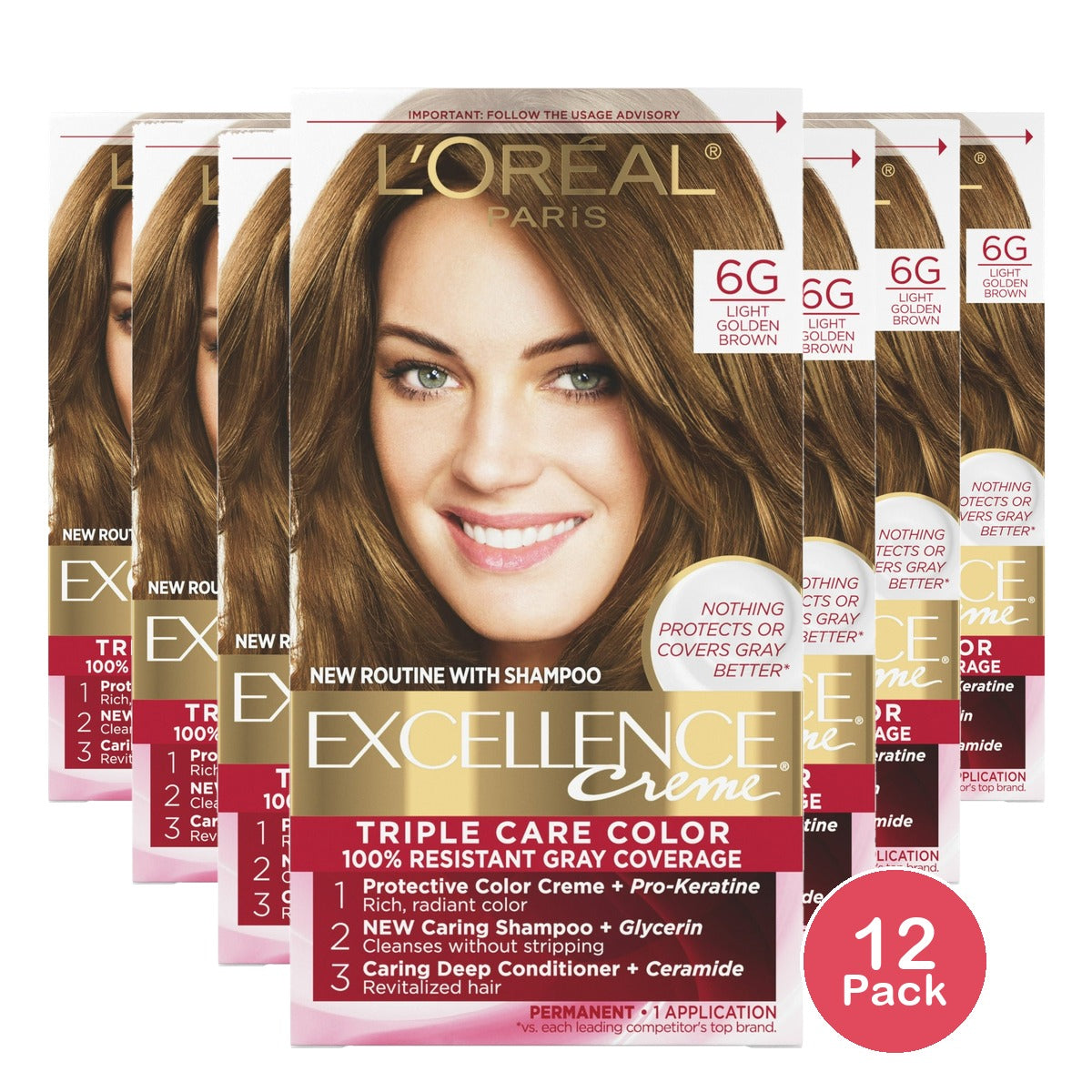 L'Oreal Paris Excellence Triple Protection Permanent Hair Color - 6G- 6.3 fl OZ (Pack of 12)