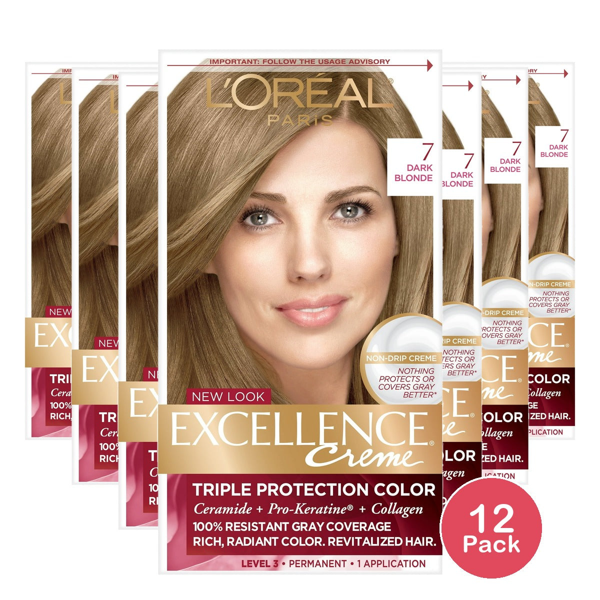 L'Oreal Paris Excellence Triple Protection Permanent Hair Color - 7- 6.3 fl OZ(Pack of 12)