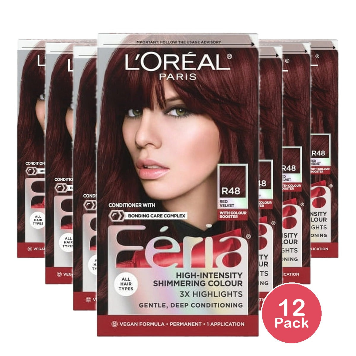 L'Oreal Paris Feria High Intensity Shimmering Color Power Red - R48 Intense Deep (Pack of 12)