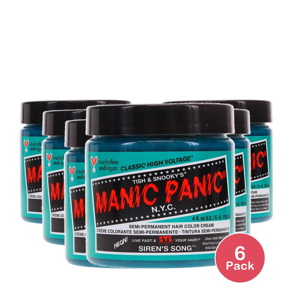 MANIC PANIC Classic Siren’s Song Semi Permanent Hair Color – Neon Blue-Green Hair Dye 4 Oz (Pack of 6)