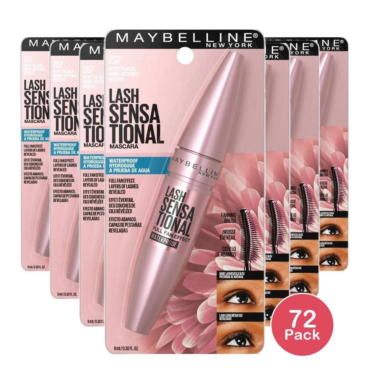 Maybelline Lash Sensational Waterproof Mascara Very Black 0.32oz (Pack of 72)