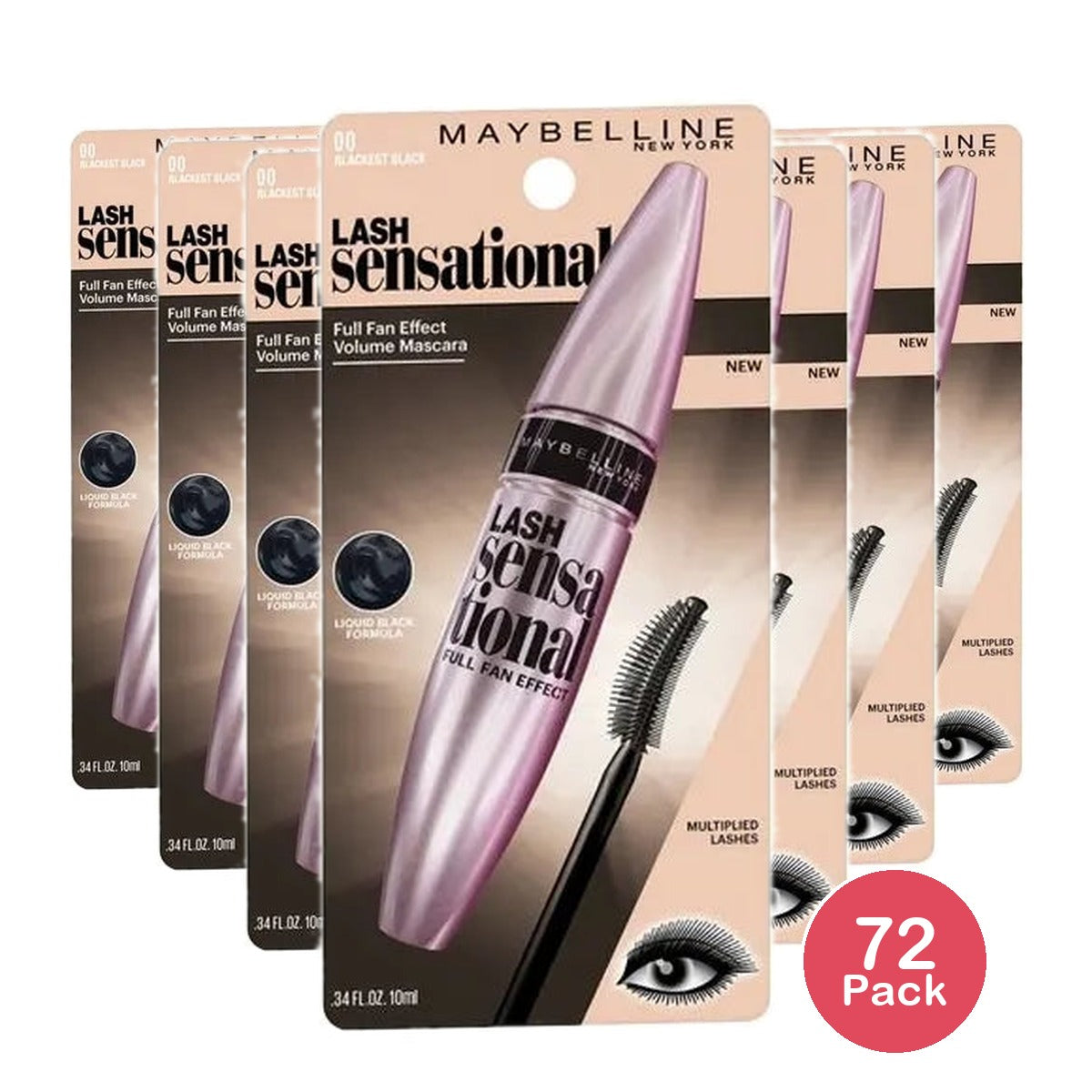 Maybelline New York Lash Sensational Mascara Blackest Black 0.32 oz (Pack of 72)
