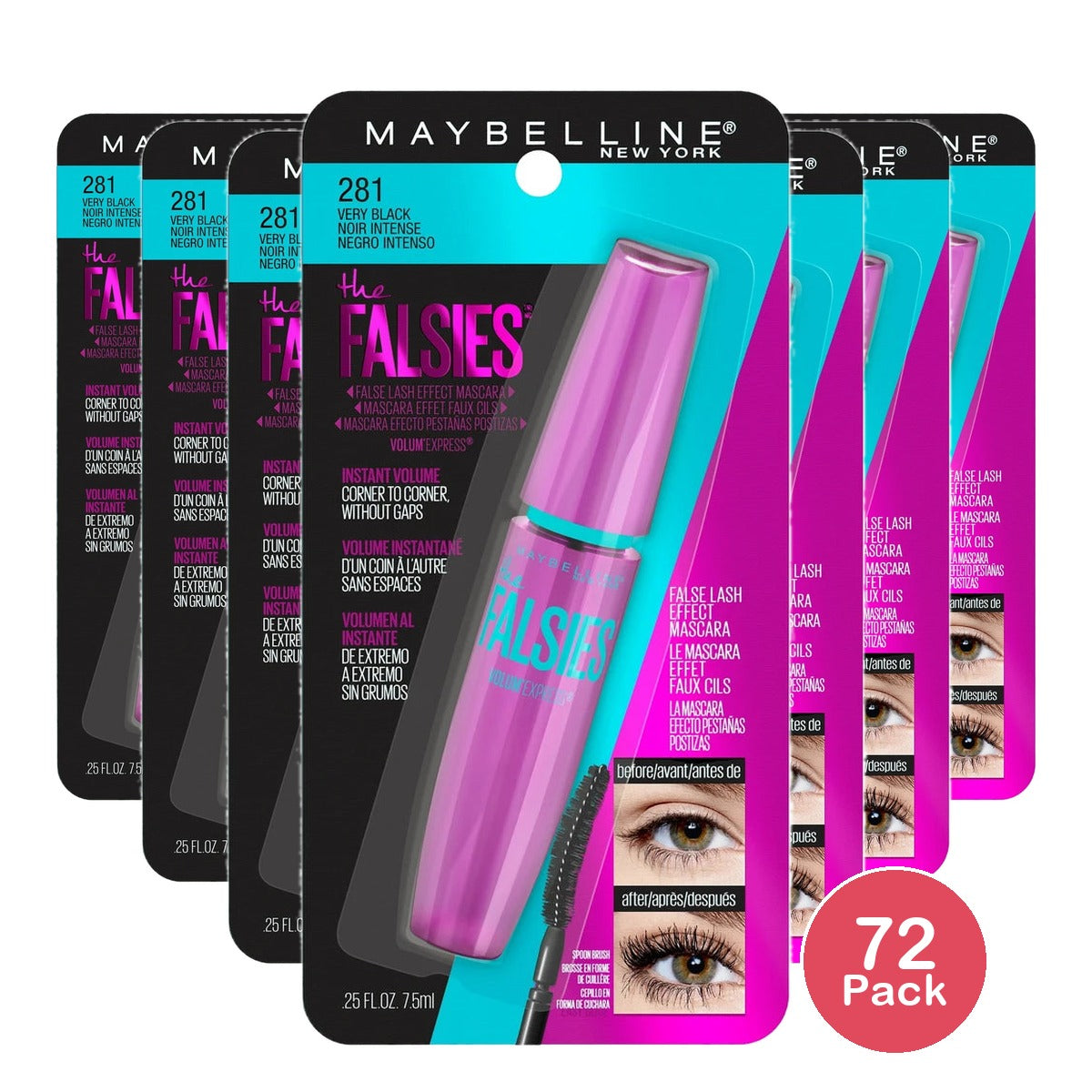 Maybelline Volum Express the Falsies Washable Fiber Mascara Volumizing and Separating Make up Formula Very Black 1 Count 0.25 Oz (Pack of 72)