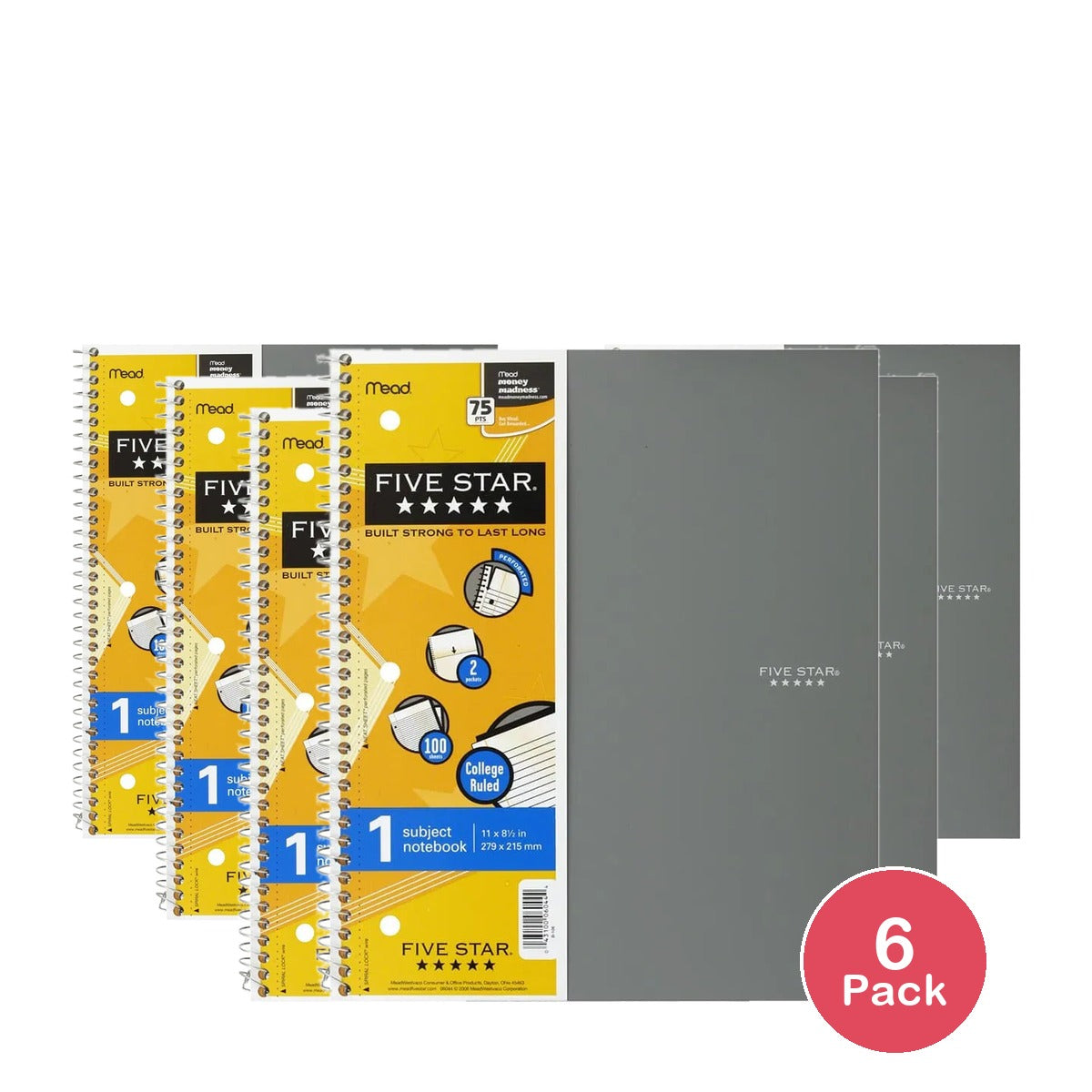 Mead Five Star 1 Subject College Ruled Notebook 100 Sheets 15.3oz (Pack of 6)