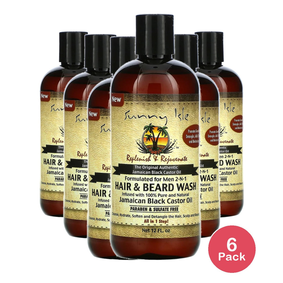 Men 2-N-1 Hair & Beard Wash with Jamaican Black Castor Oil 12 Fl. Oz Sunny Isle (Pack of 6)