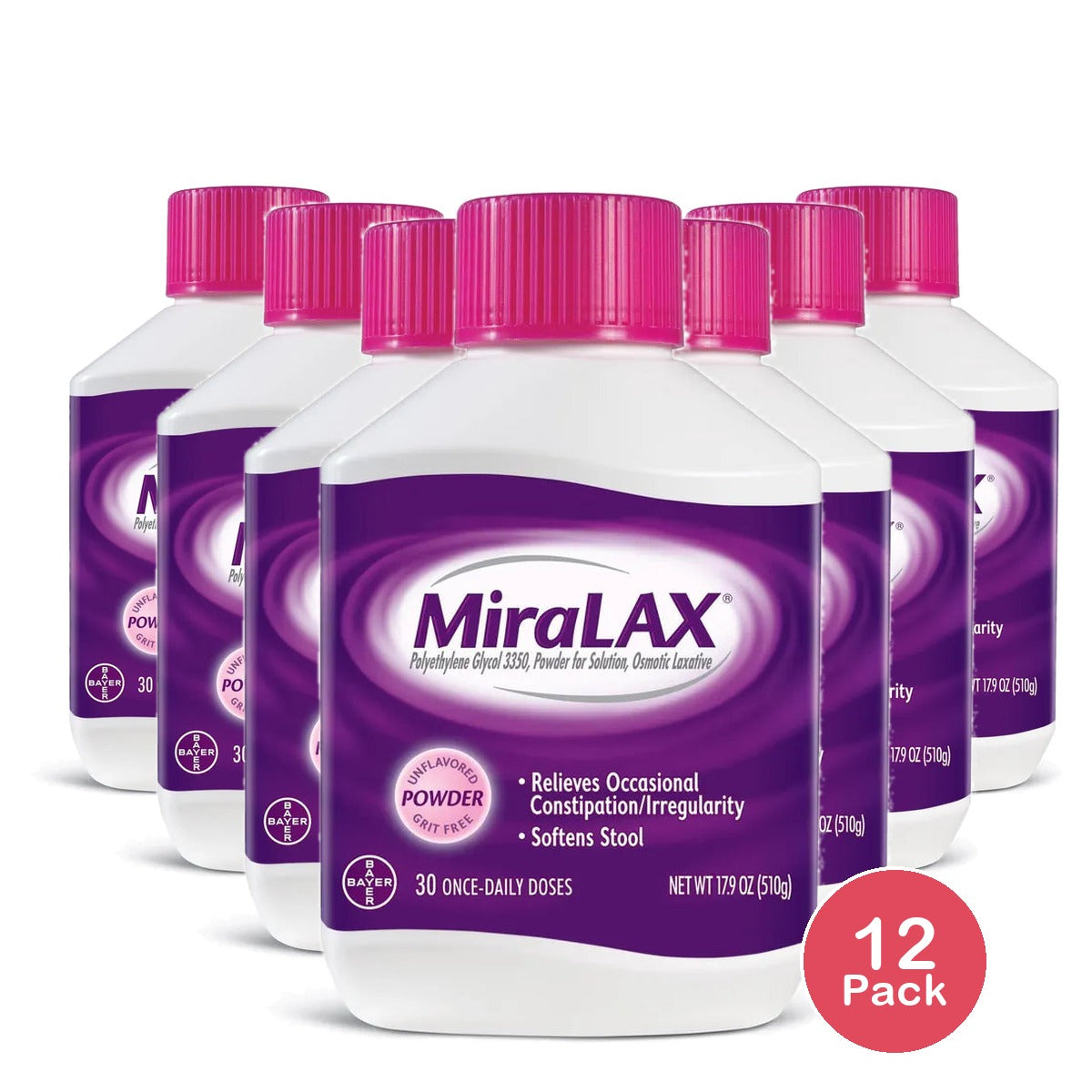Miralax Laxative Powder To Relieves Constipation 30 Days 17.9Oz (Pack of 12)