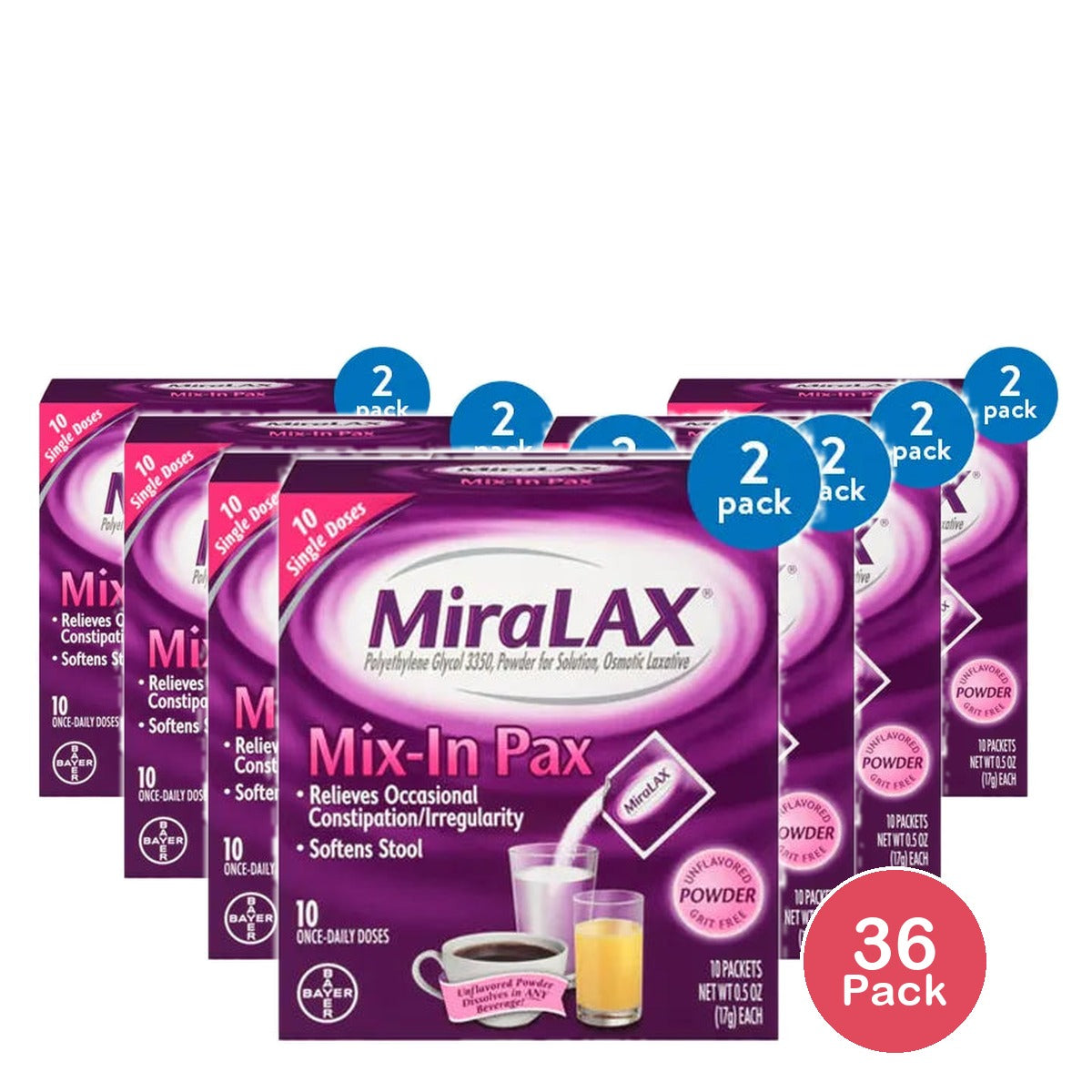 Miralax Laxative Single Dose Powder For Solution 17grams 0.5oz (Pack of 36)