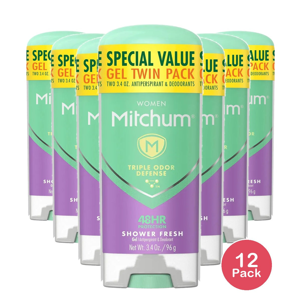 Mitchum Women’s Antiperspirant Deodorant Gel Stick Shower Fresh Scent 48HR Sweat & Odor Protection 2ct 3.4 oz (Pack of 12)