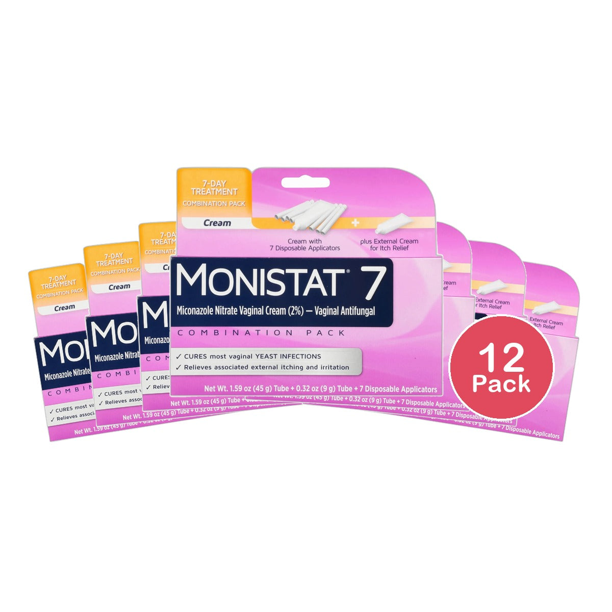 Monistat 7 Miconazole Nitrate Vaginal Cream Cure and Itch Relief 1.91oz (Pack of 12)