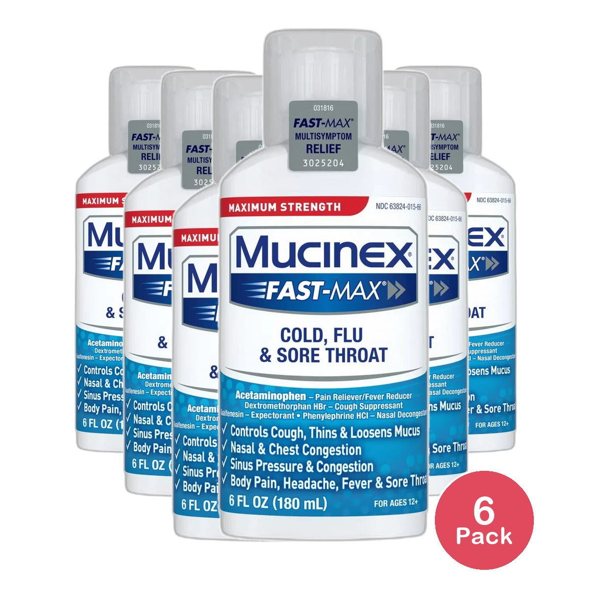 Mucinex Fast-Max Cold Flu And Sore Throat Liquid For Ages 12 Plus 6Oz (Pack Of 6)