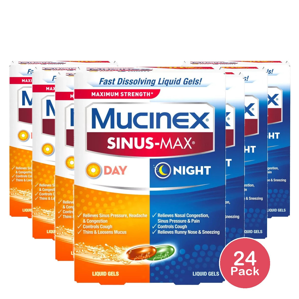 Mucinex Max Strength Sinus Medicine - Day & Night - Liquid Gels - 24 Ct 1.6 Oz (Pack Of 24)