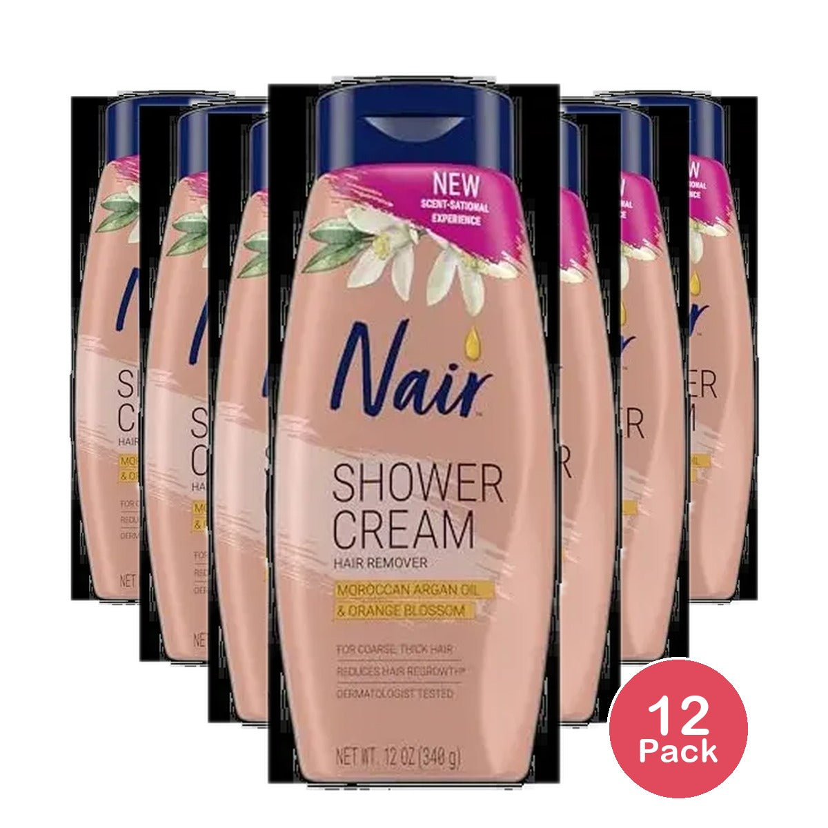 NAIR Shower Cream Hair Remover with Moroccan Argan Oil and Orange Blossom Body Hair Removal Cream for Women 12 oz (Pack of 12)