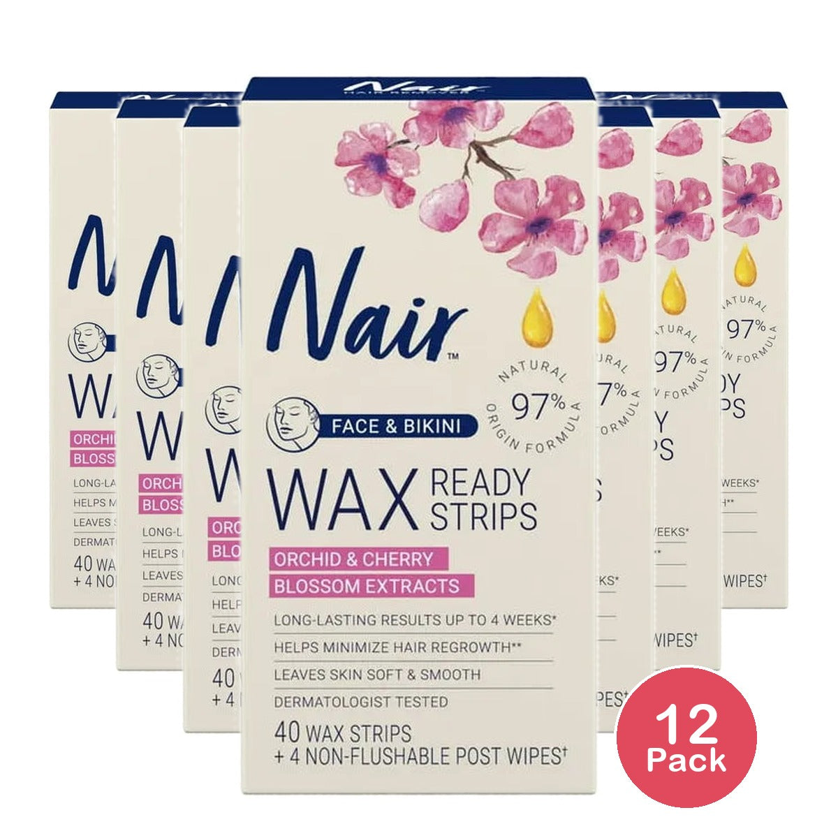 Nair Wax Ready To Use Strips For Face and Bikini 3.2Oz (Pack of 12)