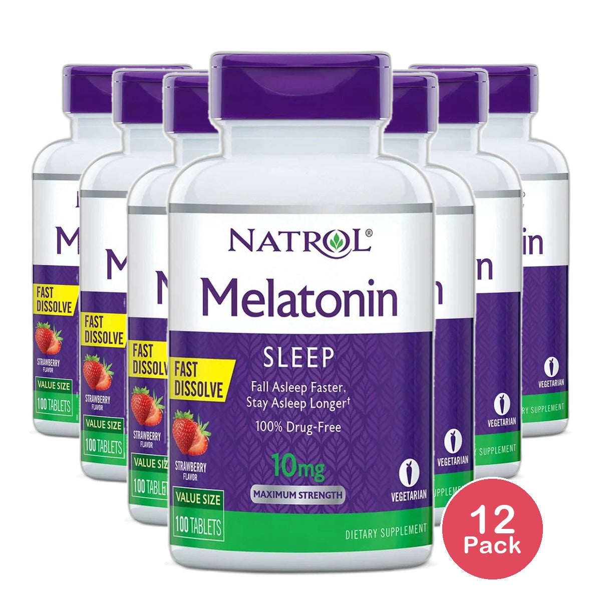 Natrol Melatonin 10Mg Maximum Strength Fast Dissolve Sleep Aid Tablets Strawberry 2.08oz (Pack of 12)
