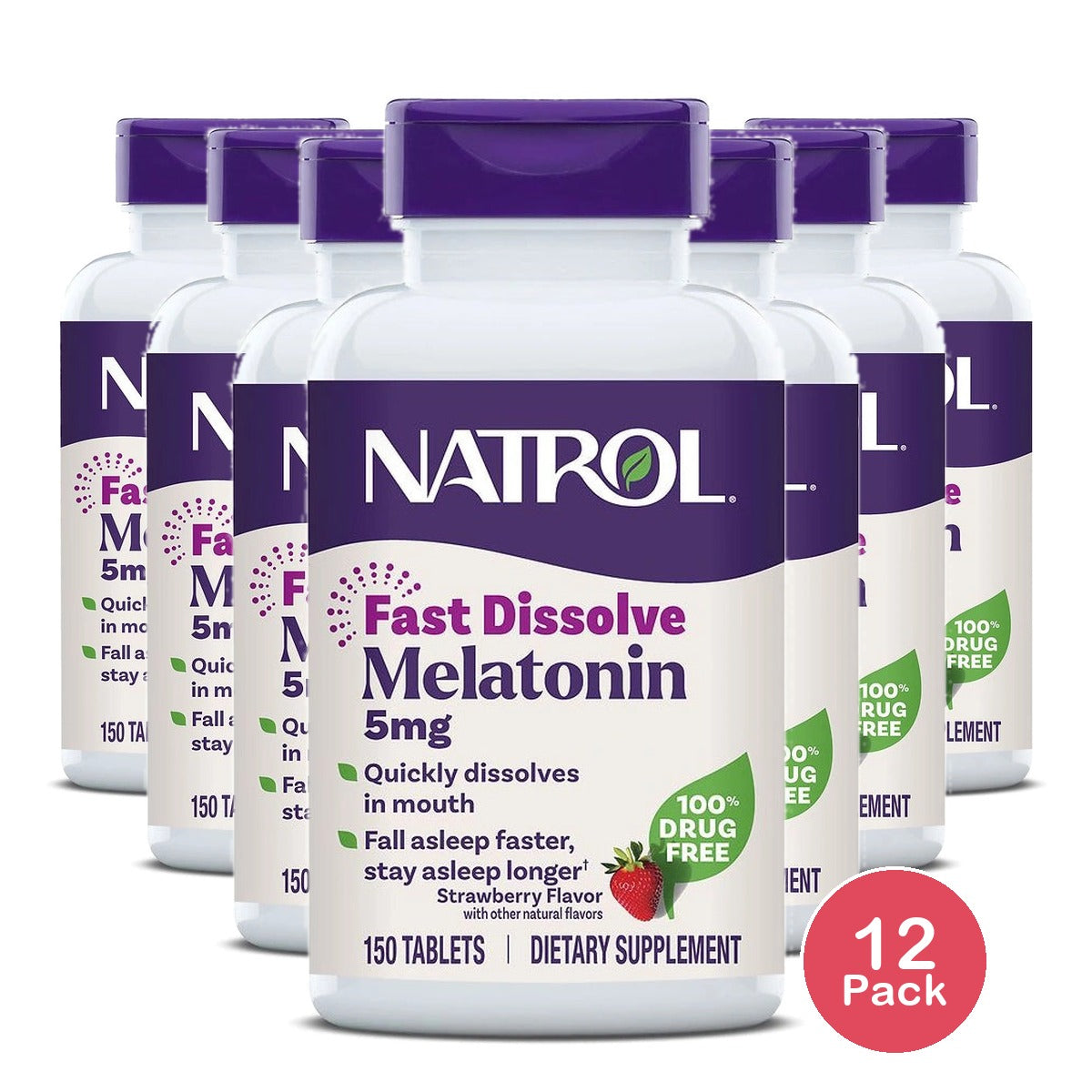 Natrol Melatonin Fast Dissolve Sleep Aid Tablets Strawberry 5mg 150 Count 4Oz (Pack of 12)