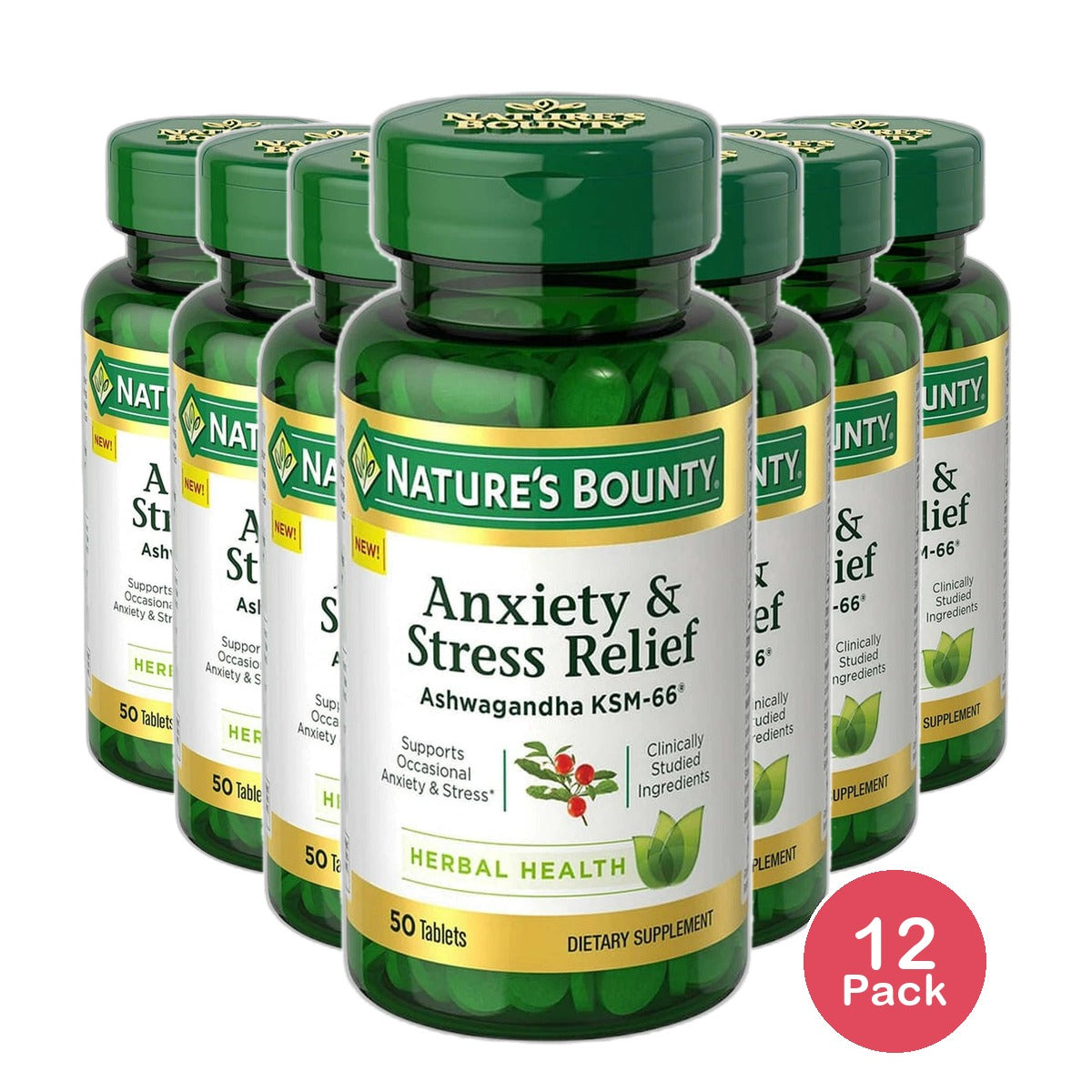 Natures Bounty Anxiety and Stress Relief Ashwagandha KSM-66 Tablets 0.16Oz -(Pack of 12)