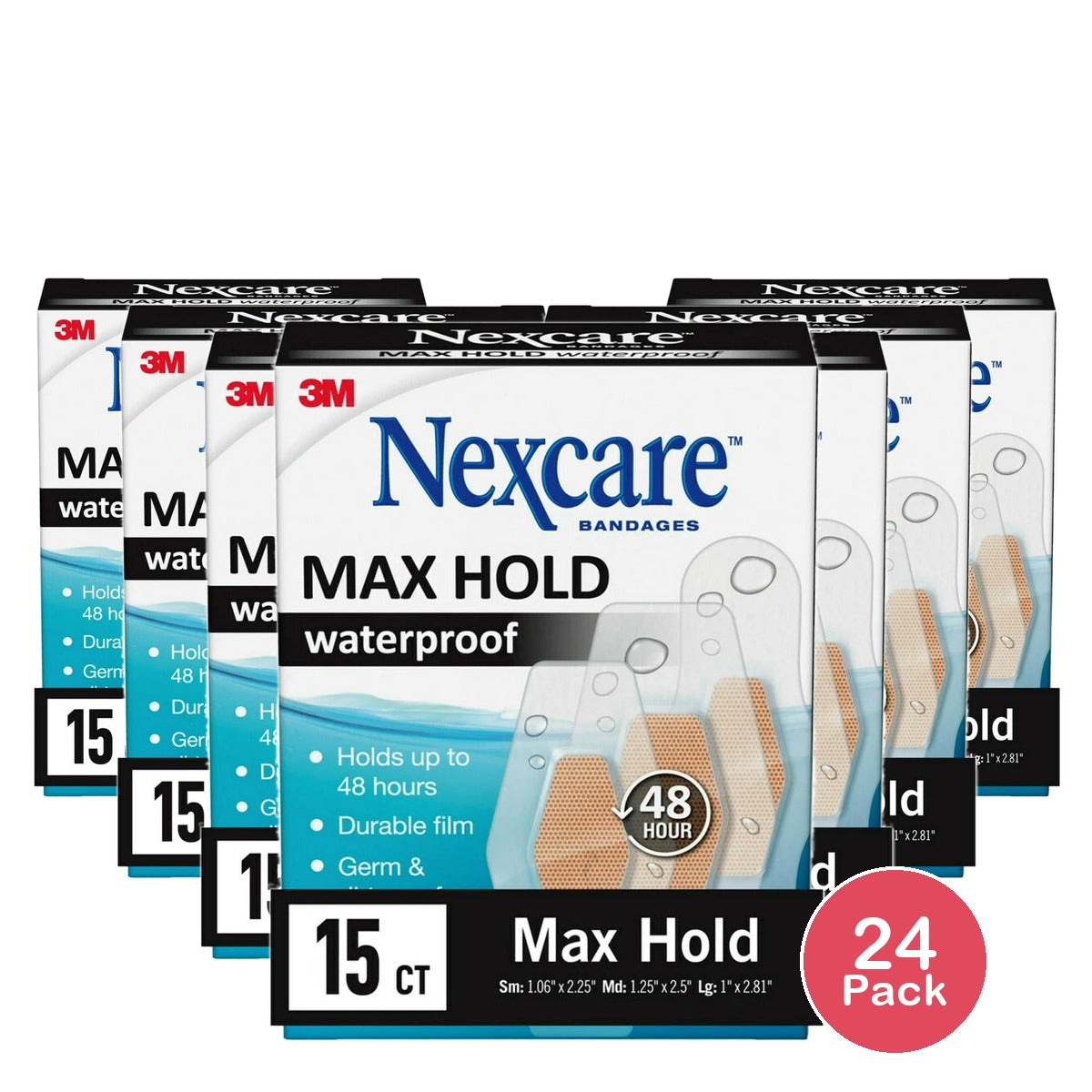 Nexcare Max Hold Waterproof Bandages Made by 3M Assorted Sizes 15 count (Pack of 24)