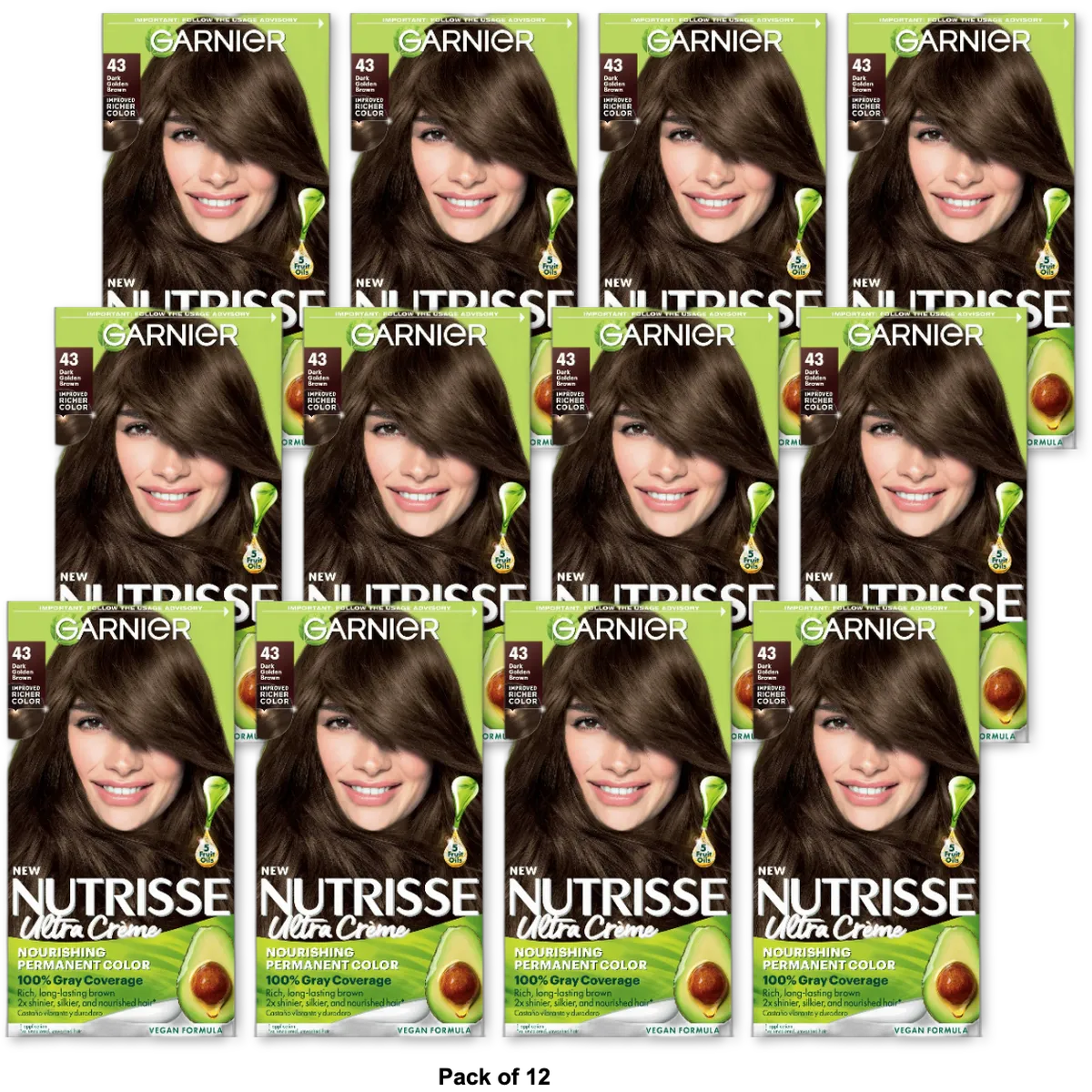 Garnier Nutrisse Permanent Nourishing Color Treatment With Cocoa Bean Dark Golden Brown # 43Kit 8.48oz (Pack of 12)