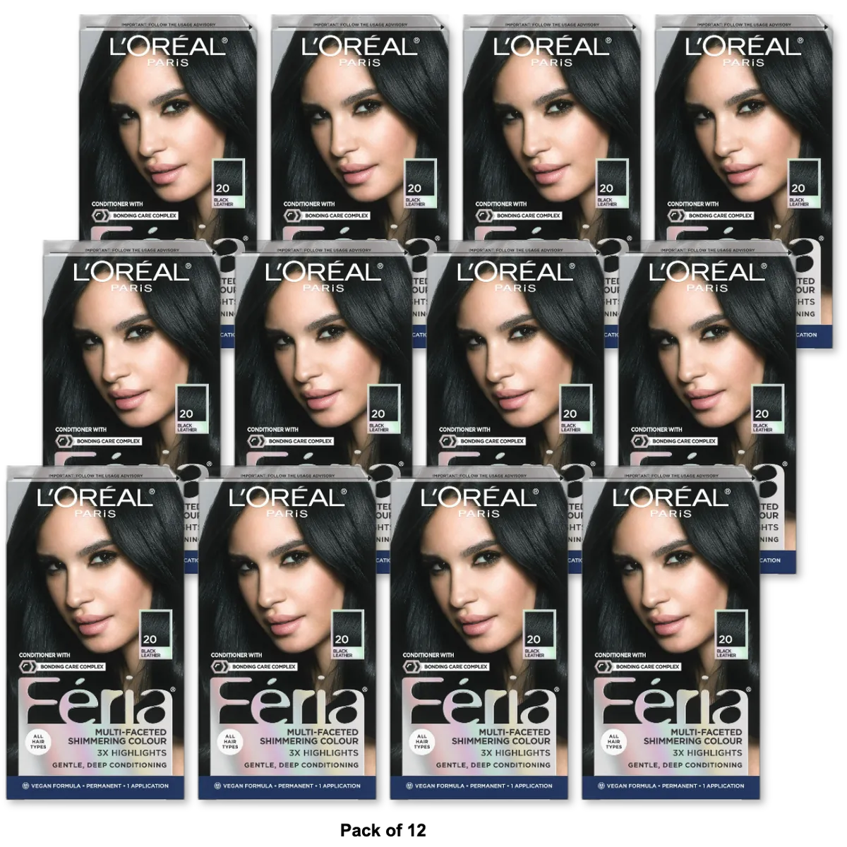 Loreal Feria Multi Faceted Shimmering Permanent Haircolor 20 Black 9.3Oz(Pack of 12)