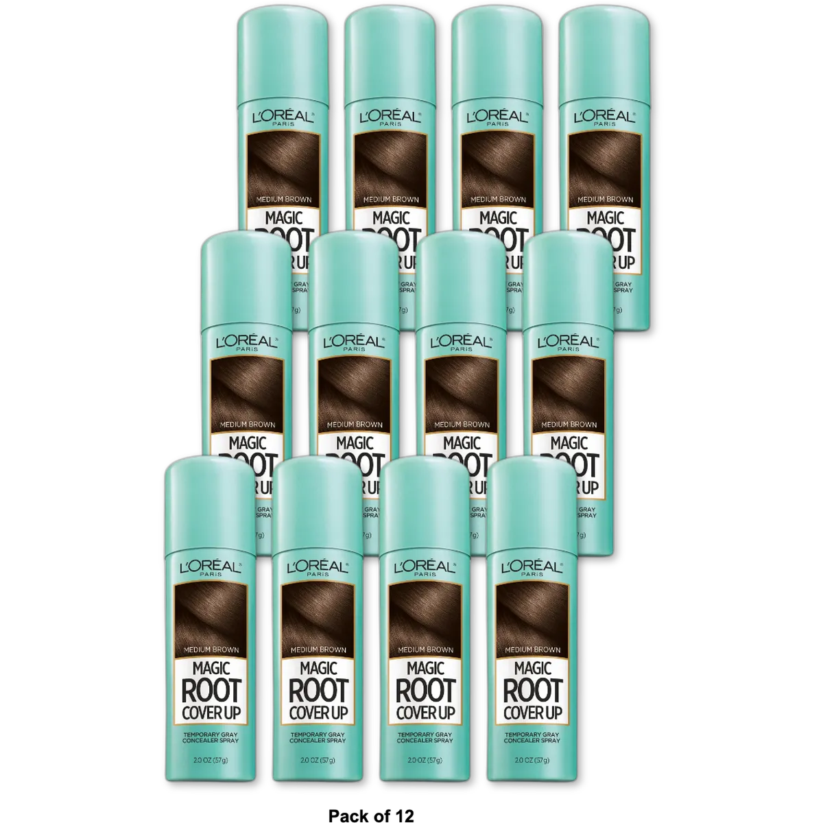 L'Oreal Paris Magic Root Cover Up Temporary Gray Concealer Spray Medium Brown 2Oz (Pack of 12)