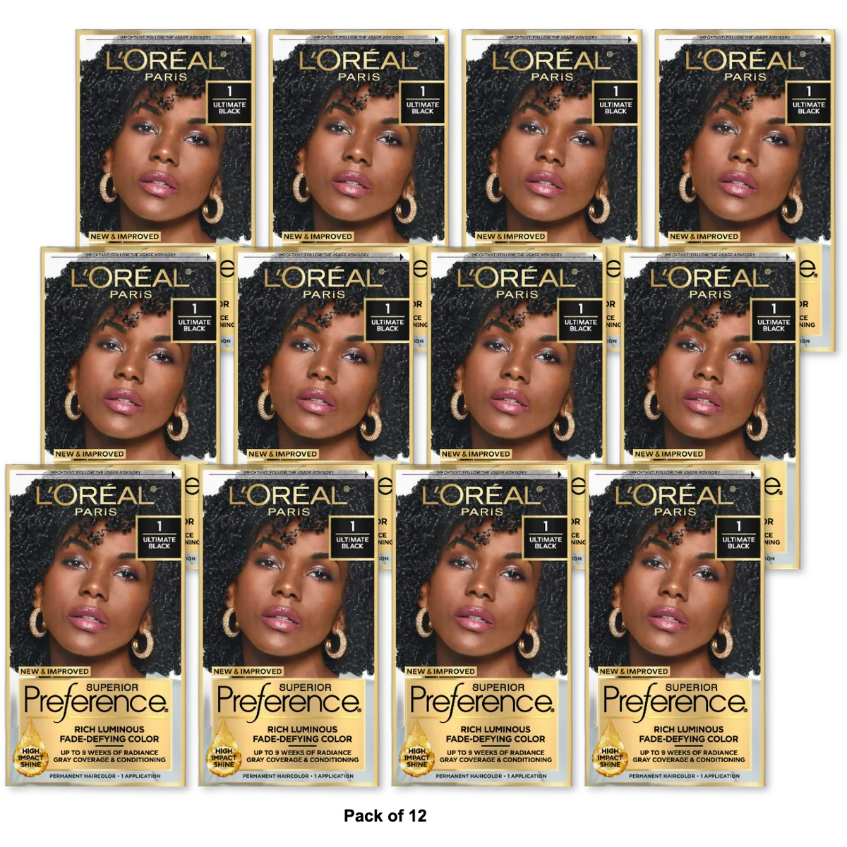Loreal Paris Superior Preference Fade Defying Color Plus Shine System 1 Ultimate Black 1 Kit 8Oz (Pack Of 12)