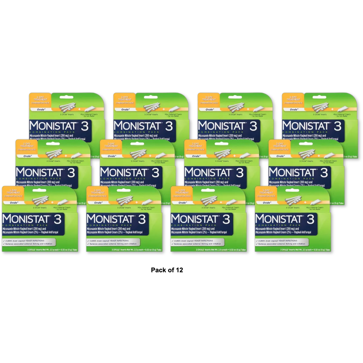 Monistat 3 Vaginal Antifungal Ovule Inserts Combination Pack 0.58Oz (Pack Of 12)