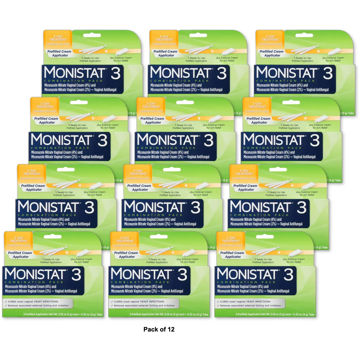 Monistat 3 Vaginal Antifungal Three-Day Treatment Cream Kit 3.52oz(Pack of 12)