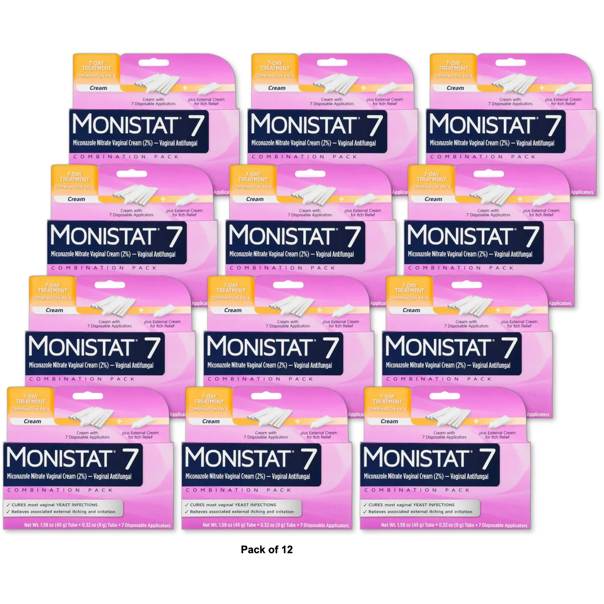 Monistat 7 Miconazole Nitrate Vaginal Cream Cure and Itch Relief 1.91oz (Pack of 12)