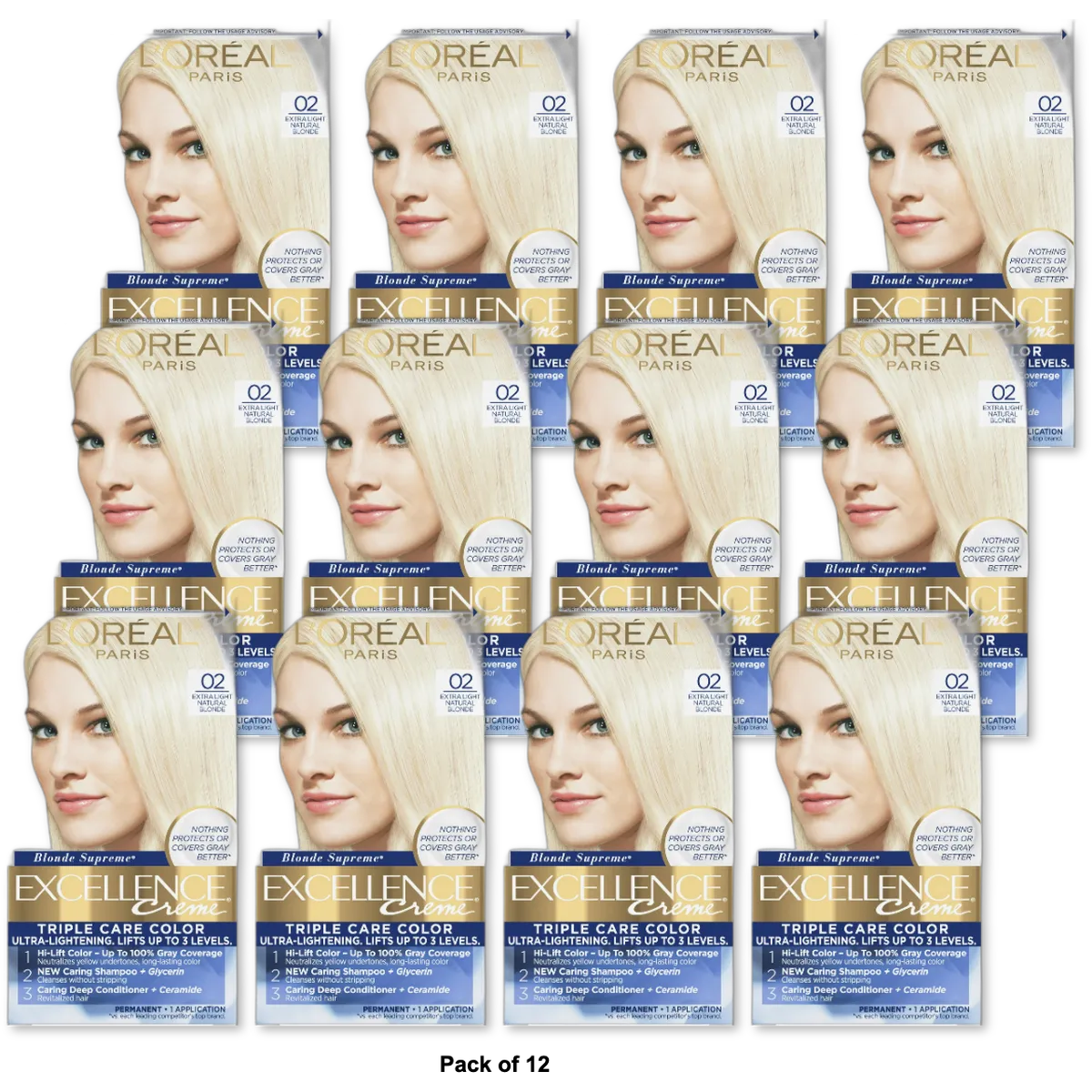 Loreal Excellence Triple Protection Hair Color Creme 2 Extra Light Natural Blonde 8.11Oz (Pack of 12)