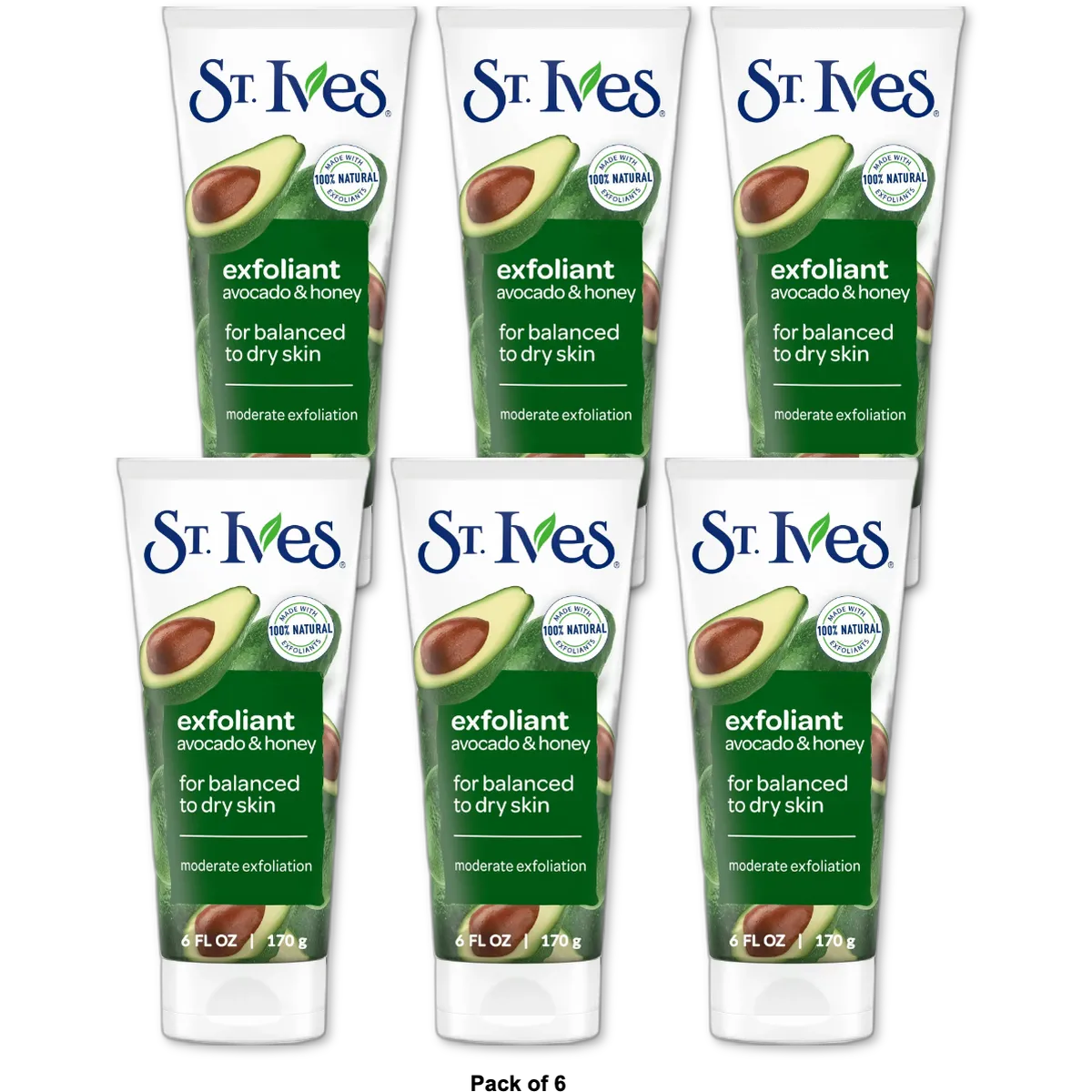 St. Ives Soft Skin Exfoliating Face Scrub Avocado and Honey Facial Exfoliator 6Oz (Pack of 6)