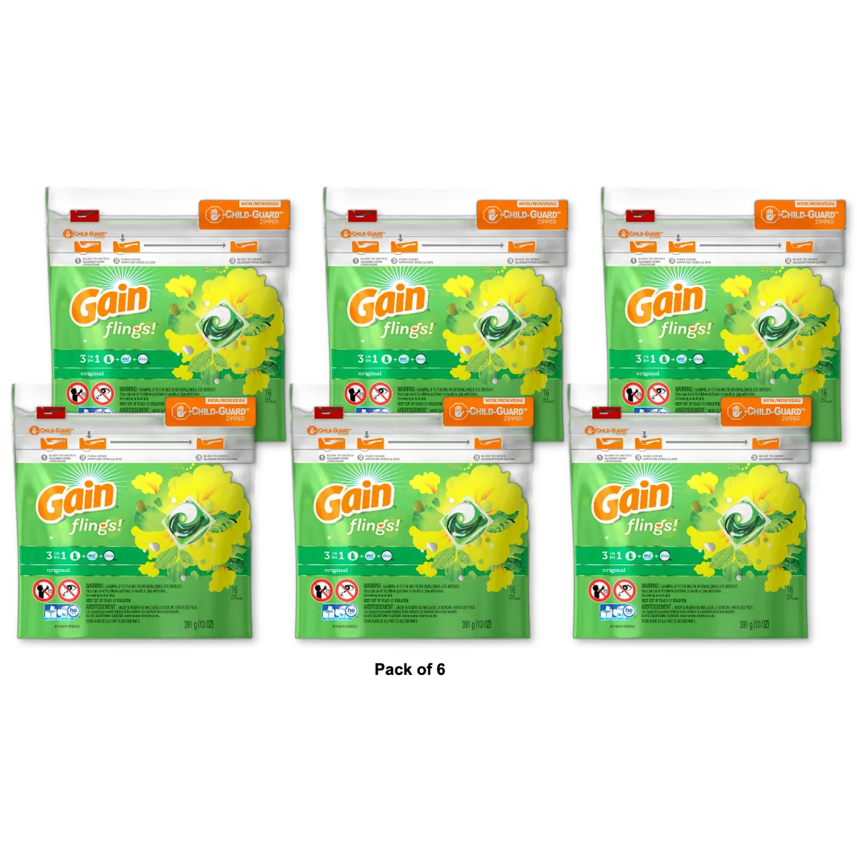 Gain Flings 3 in 1 Plus Aroma Boost Detergent Original 16 Pack Capsules 6 pack 13Oz (Pack of 6)