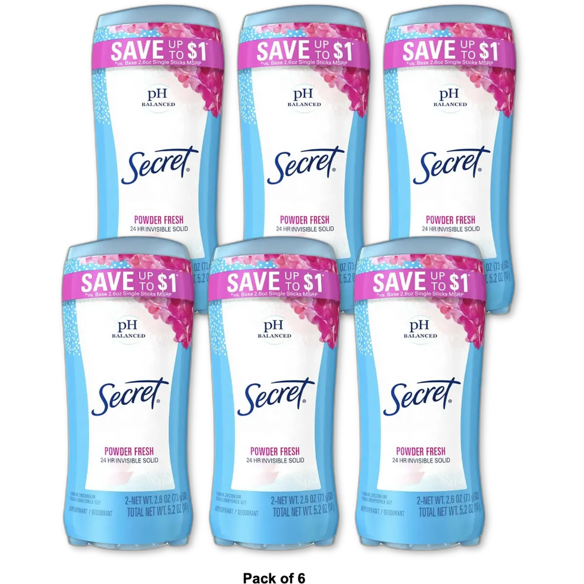 Secret Invisible Solid Powder Fresh Deodorant 5.2Oz (Pack of 6)