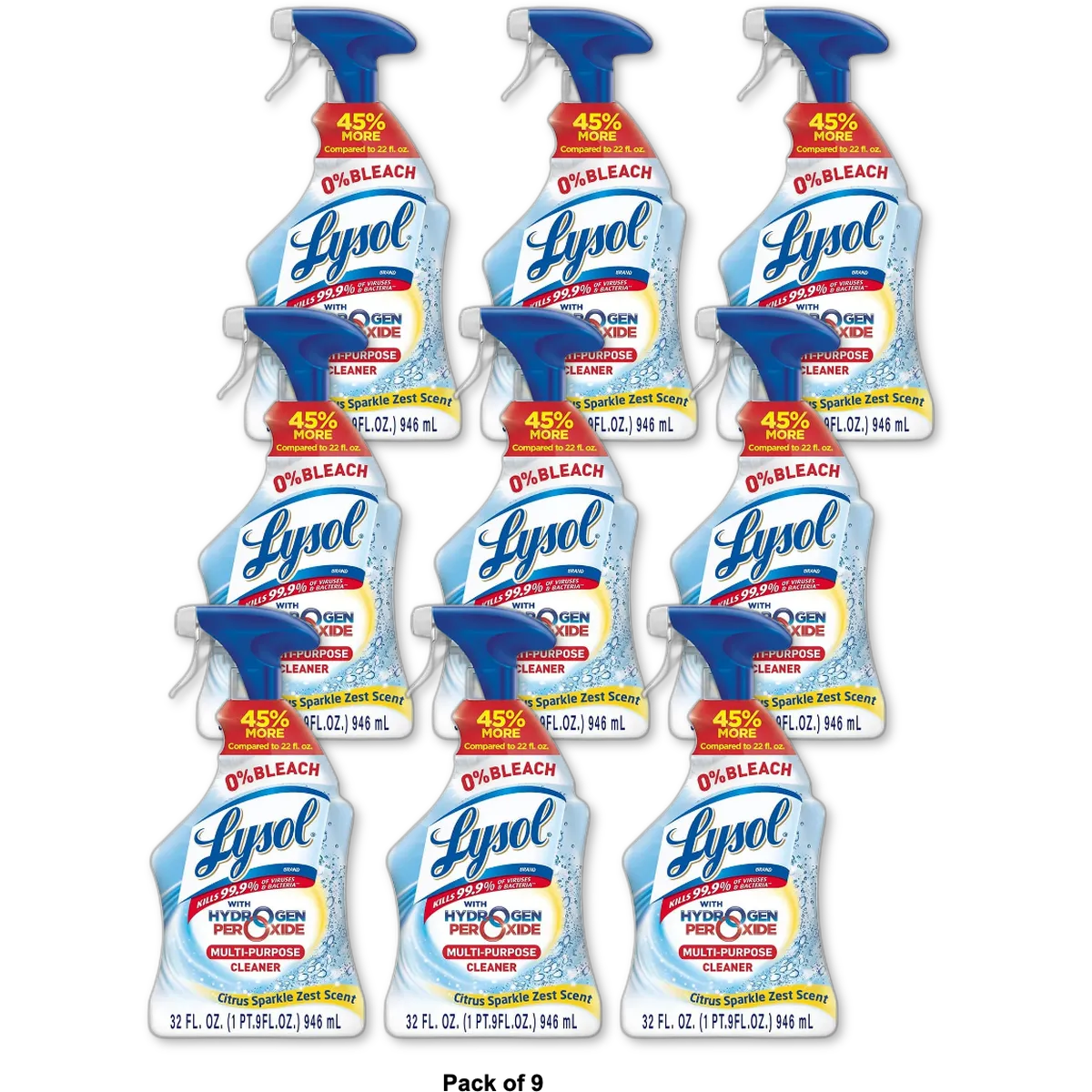 Lysol Multi Purpose Cleaner Spray For Cleaning and Disinfecting Bleach Free Citrus Scent 32Oz (Pack of 9)