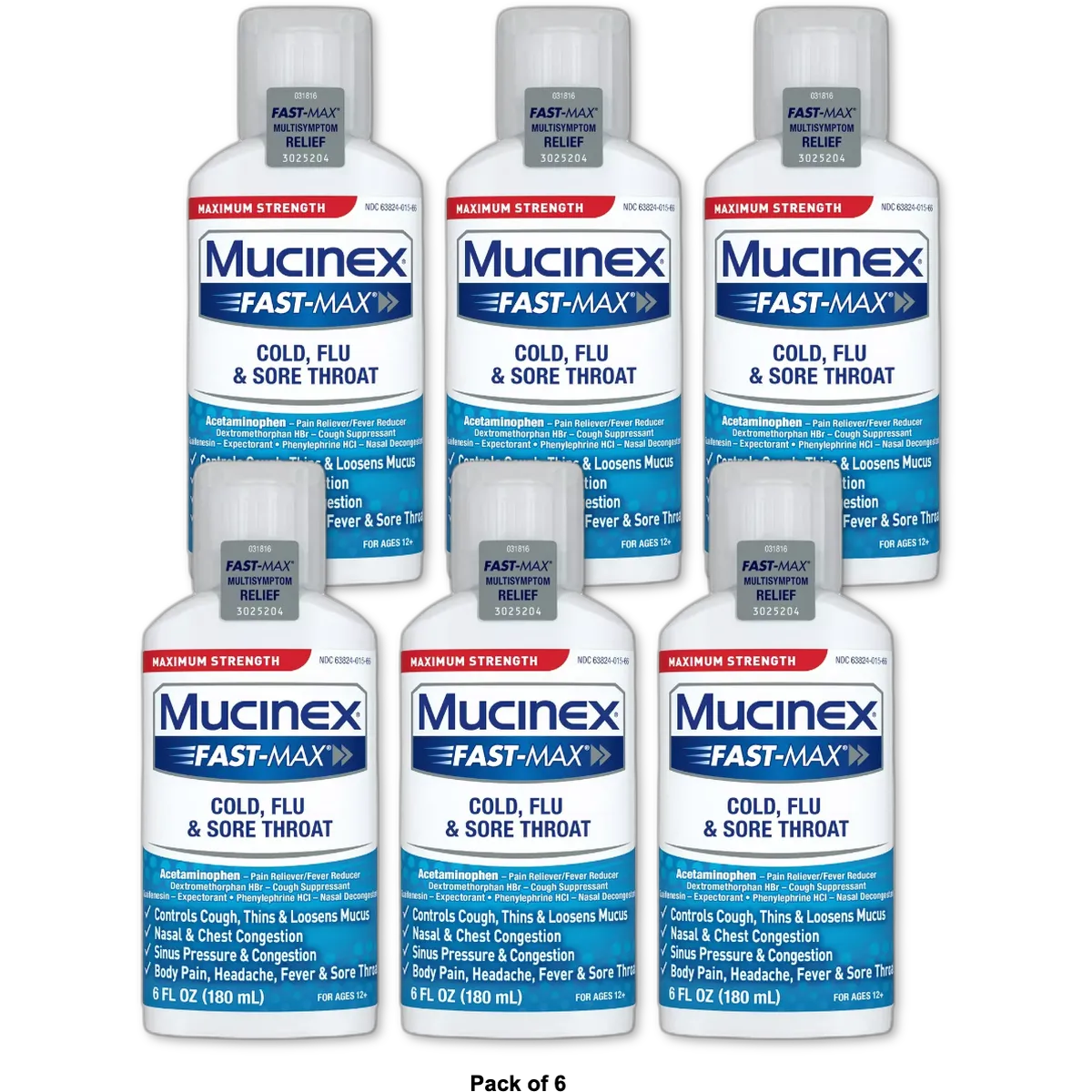 Mucinex Fast-Max Cold Flu And Sore Throat Liquid For Ages 12 Plus 6Oz (Pack Of 6)