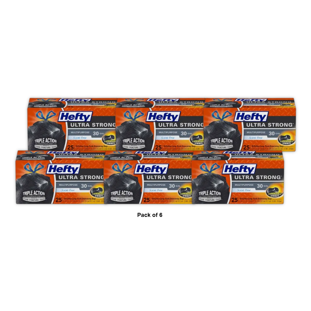 Hefty Ultra Strong Multipurpose Unscented Trash Bags 30 Gallon 232.16oz (Pack of 6)