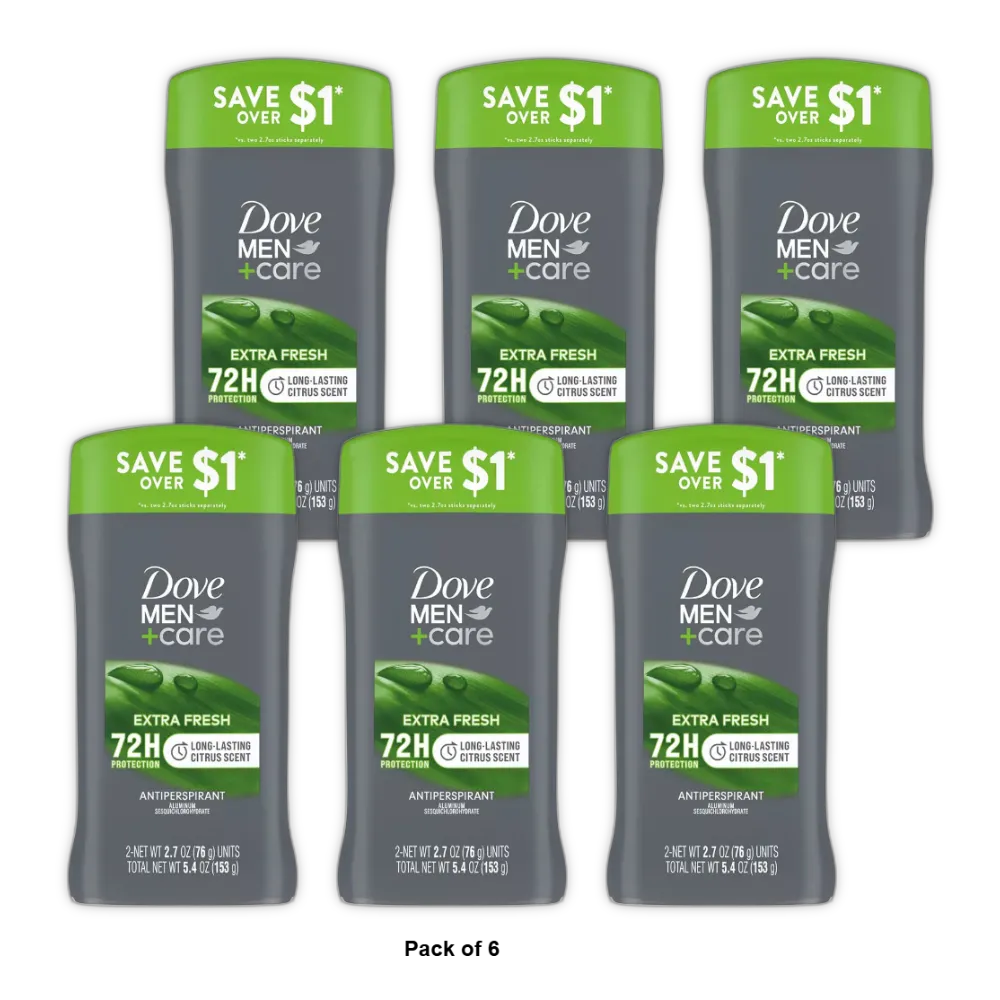 Dove Men Plus Care 72 Hour Antiperspirant Deodorant Stick Extra Fresh 2.7Oz (Pack of 6)