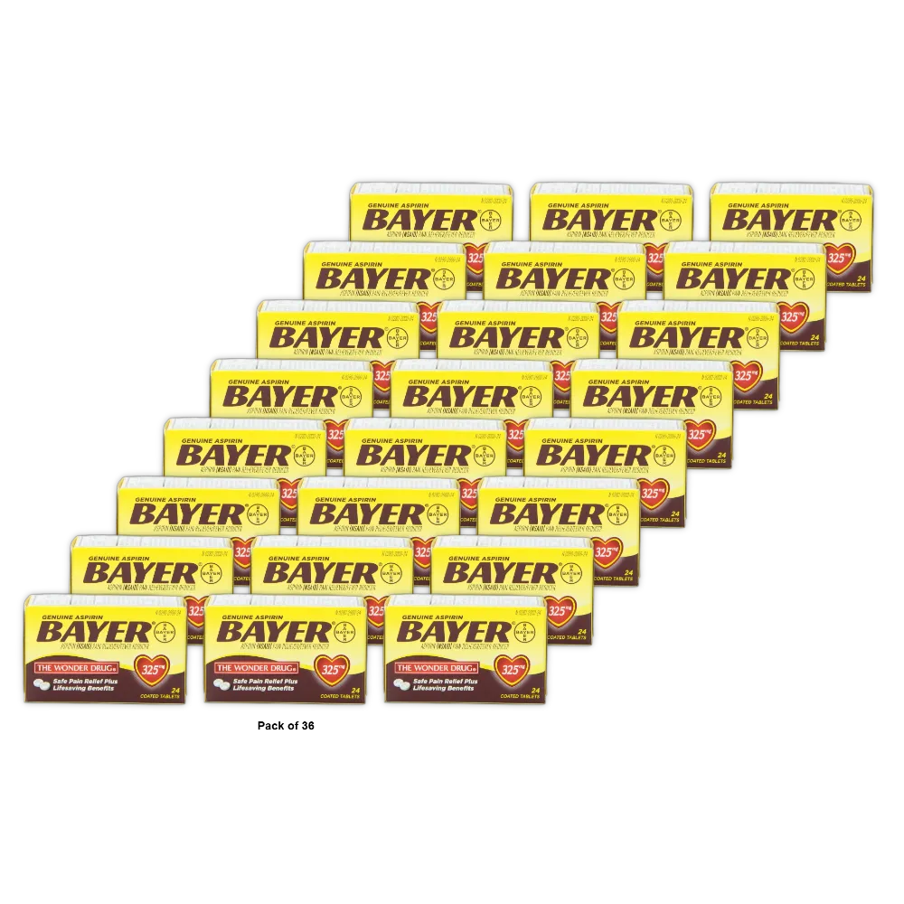 Bayer Aspirin 325 Mg Pain Reliever/Fever Reducer - 24 Coated Tablets 0.07Oz (Pack Of 36)