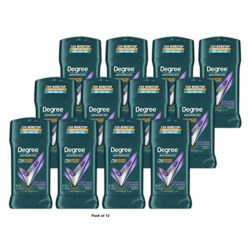 Degree Men Advanced Antiperspirant Deodorant Stick Deep Cedar and Lavender 2.7 Oz (Pack of 12)