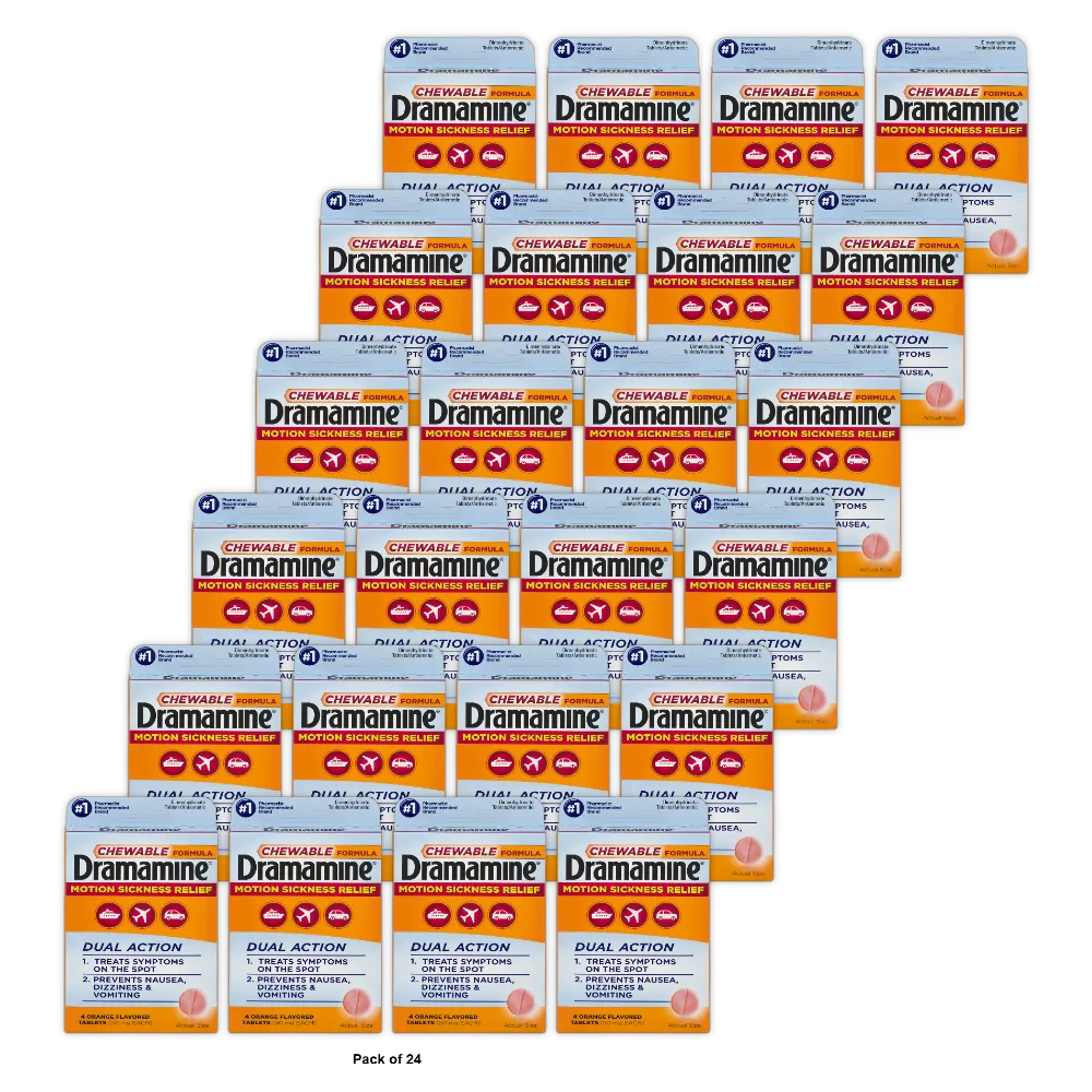 Dramamine Chewable Motion Sickness Relief Orange Flavor 4 Count 0.32Oz (Pack Of 24)