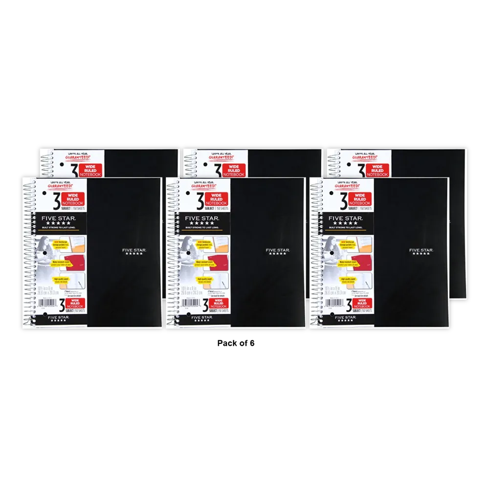 Five Star Spiral Notebook 3-Subject Wide Ruled Paper 10-1/2" x 8" 150 Sheets Color Will Vary 21.44oz (Pack of 6)