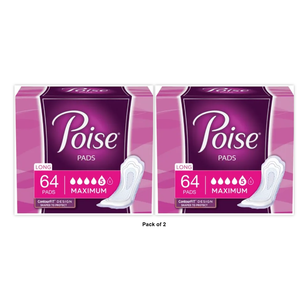 Poise Incontinence Pads & Postpartum Incontinence Pads 5 Drop Maximum Absorbency Long Length 64 Count 16oz (Pack of 2)