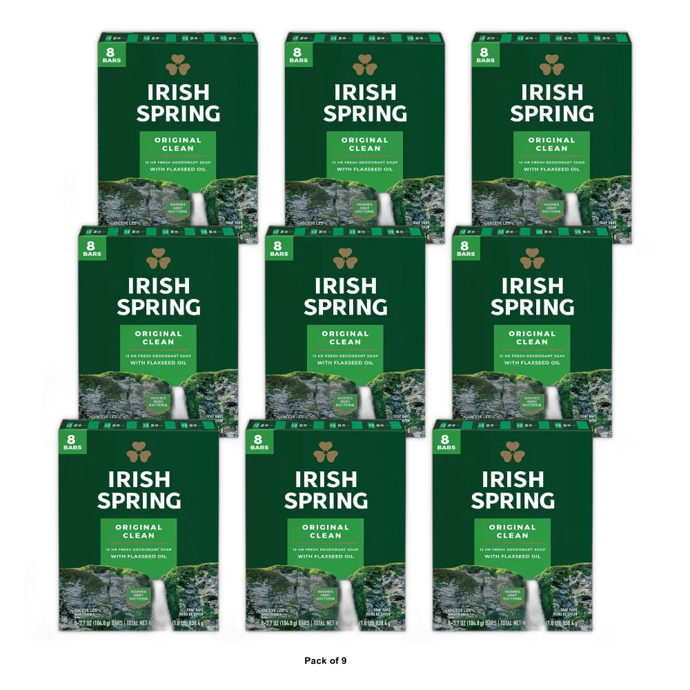 Irish Spring Original Clean Deodorant Bar Soap for Men 29.6Oz (Pack of 9)
