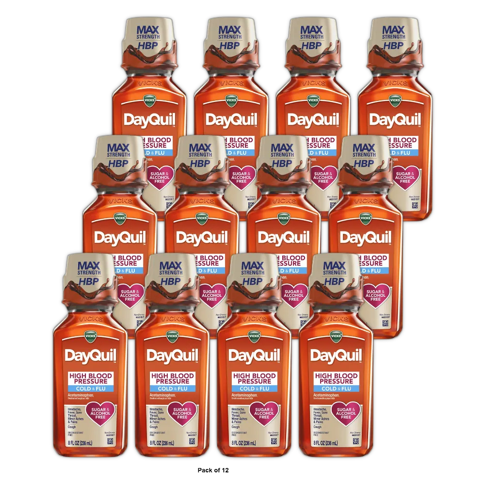Vicks Dayquil High Blood Pressure Cold and Flu Relief Liquid Medicine 8Oz (Pack of 12)