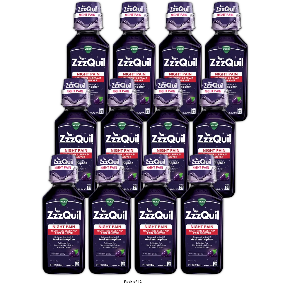 Vicks ZzzQuil Night Time Sleep Aid Pain Reliever Syrupm Midnight Berry Flavored 12Oz (Pack of 12)