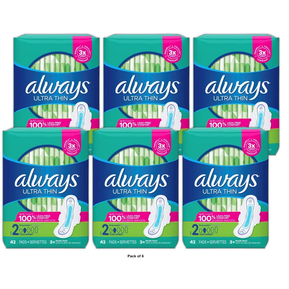 Always Ultra Thin Pads Size 2 Long Absorbency Unscented With Wings 8.6Oz (Pack of 6)
