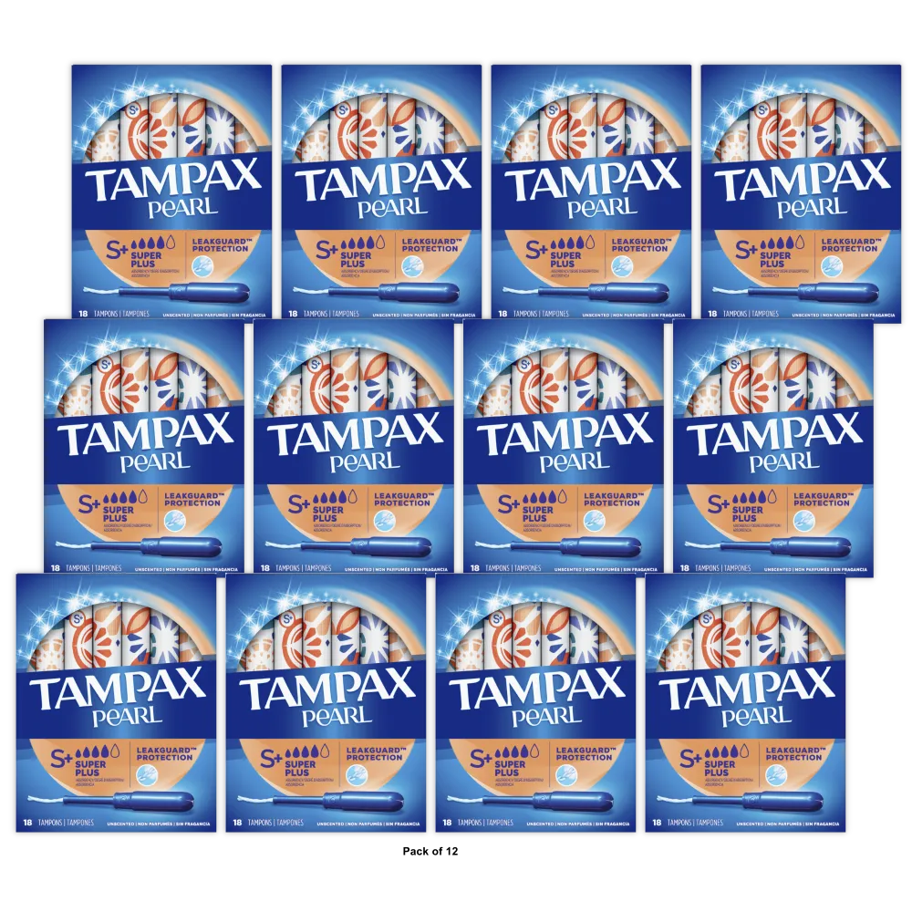 Tampax Pearl Tampons With Plastic Applicator Super Plus Absorbency Unscented 18Ea 4.66Oz (Pack of 12)