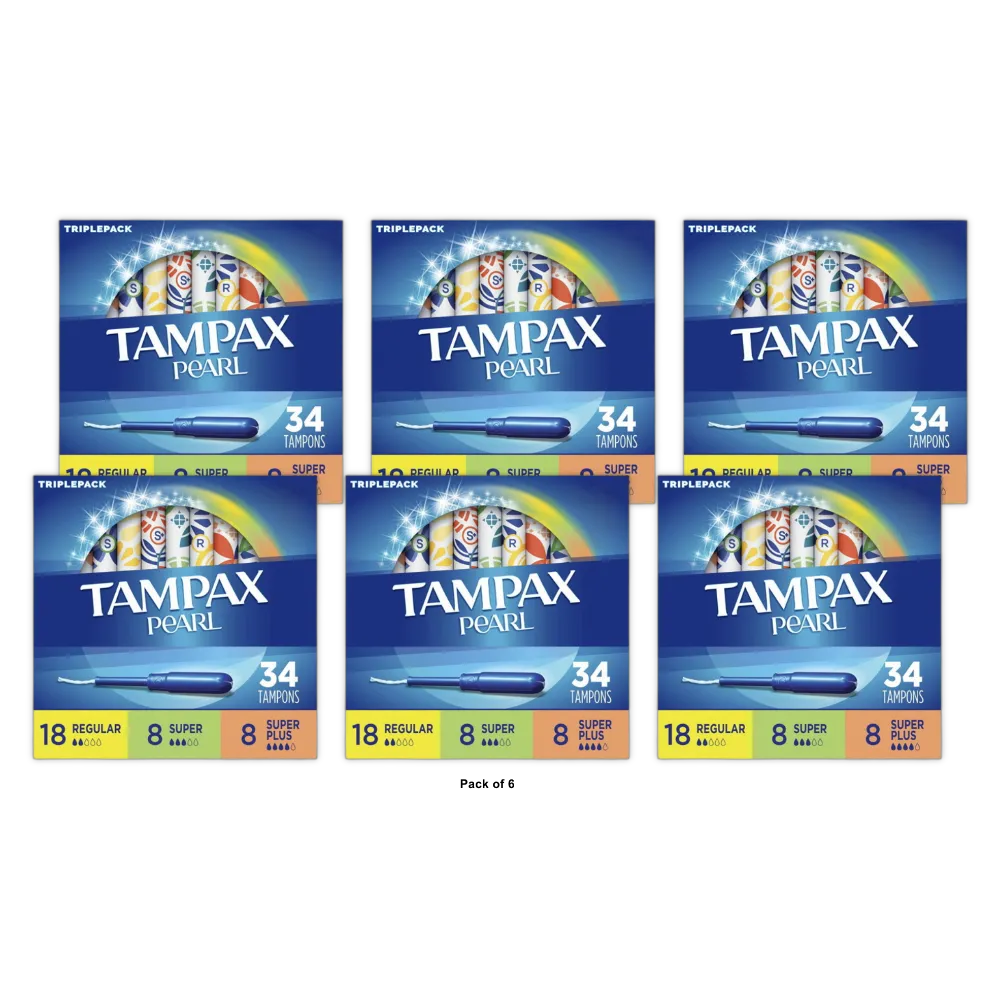 Tampax Pearl TriplePack Tampons Regular/Super/Super Plus Unscented 7.2Oz (Pack of 6)