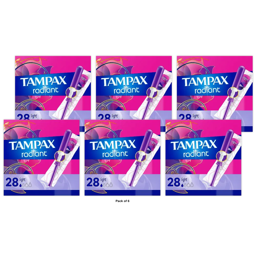 Tampax Radiant Tampons Light Absorbency Unscented 9.07Oz (Pack of 6)